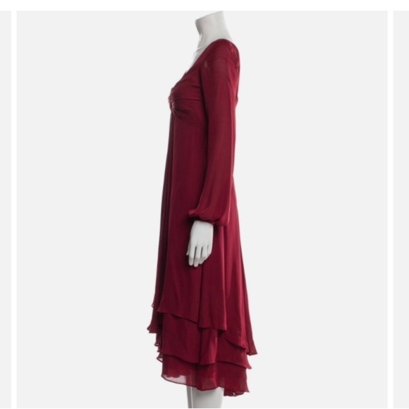 Cinq a’ Sept Fira Tiered Silk Dress Flowy Bishop Sleeves  in Pomegranate Red - Picture 4 of 12